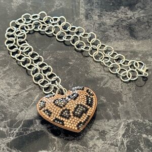 Leopard Print Rhinestone Heart Puffy Gold Felt 18” Necklace